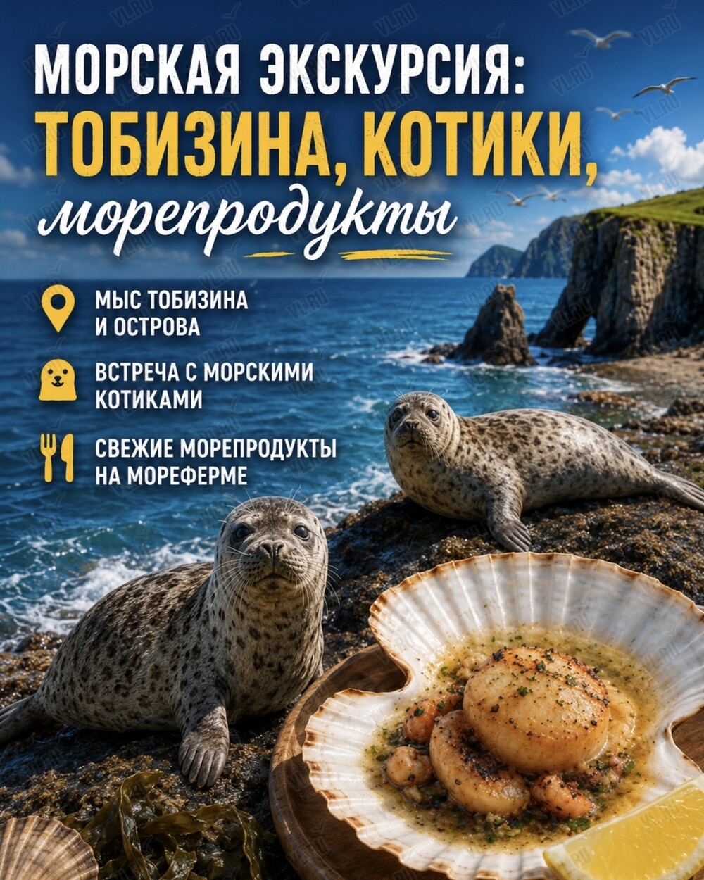 Экскурсия «Морское приключение: о. Русский - о. Шкота - м. Тобизина - морские котики и мореферма» (Мыс Токаревская кошка)